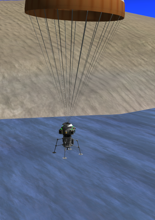 A probe lands in the water next to one of Laythe's islands